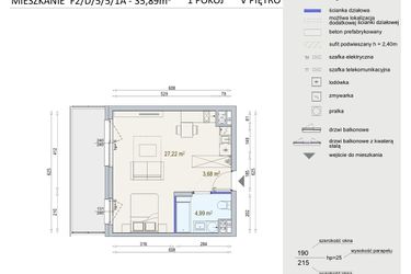 Rzut - Mieszkanie na sprzedaż 1 pokój o powierzchni 35,89 m² - numer D/5/5/1A w Modern Mokotów bud. F1 i F2