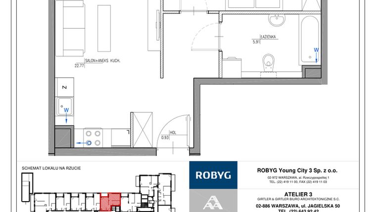 Rzut - Mieszkanie na sprzedaż 2 pokoje o powierzchni 43,81 m² - numer MC/H/A/3/17 w Modern City etap H