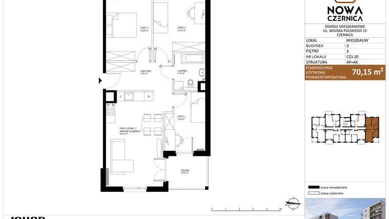 Rzut - Mieszkanie na sprzedaż 4 pokoje o powierzchni 70,15 m² - numer CZ3.20 w Nowa Czernica - etap II