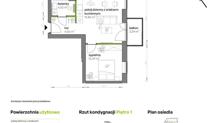 Rzut - Mieszkanie na sprzedaż 2 pokoje o powierzchni 41,75 m² - numer AA0110 w Ptasia Vita