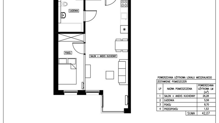 Rzut - Mieszkanie na sprzedaż 2 pokoje o powierzchni 42,07 m² - numer 33 w Nowa Kurkowa
