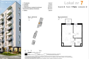 Rzut - Mieszkanie na sprzedaż 2 pokoje o powierzchni 44,74 m² - numer A.7 w Osiedle Kochanowskiego - Gliwice