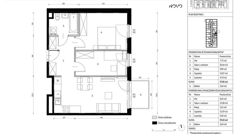 Rzut - Mieszkanie na sprzedaż 3 pokoje o powierzchni 59,34 m² - numer B2.124 w Osiedle Novo II