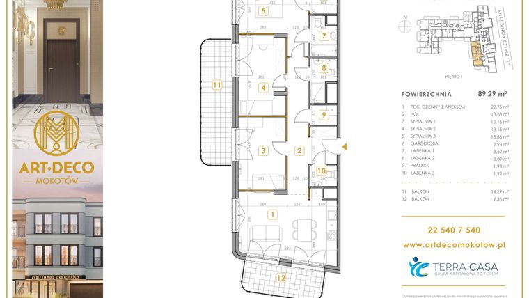 Rzut - Mieszkanie na sprzedaż 4 pokoje o powierzchni 89,29 m² - numer M06 w Art Deco Mokotów Pola