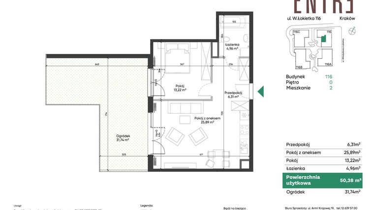 Rzut - Mieszkanie na sprzedaż 2 pokoje o powierzchni 50,38 m² - numer 116-M02 w Entre