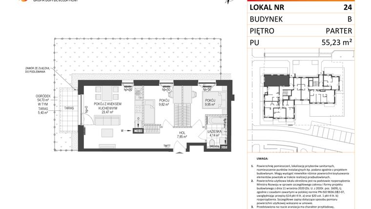 Rzut - Mieszkanie na sprzedaż 3 pokoje o powierzchni 55,23 m² - numer B.24 w Osiedle Warszawska etap III
