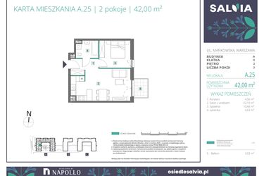 Rzut - Mieszkanie na sprzedaż 2 pokoje o powierzchni 42 m² - numer A.25 w Osiedle Salvia