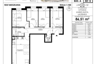 Rzut - Mieszkanie na sprzedaż 5 pokoi o powierzchni 86,51 m² - numer JAR-A-LM-M12 w Osiedle JAR Heweliusza