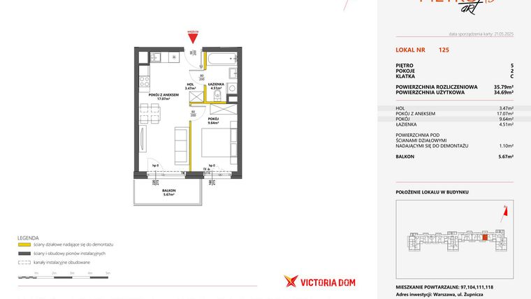 Rzut - Mieszkanie na sprzedaż 2 pokoje o powierzchni 35,79 m² - numer 125 w Metro Art 13
