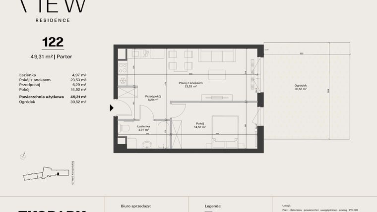 Rzut - Mieszkanie na sprzedaż 2 pokoje o powierzchni 49,31 m² - numer 122 w The View