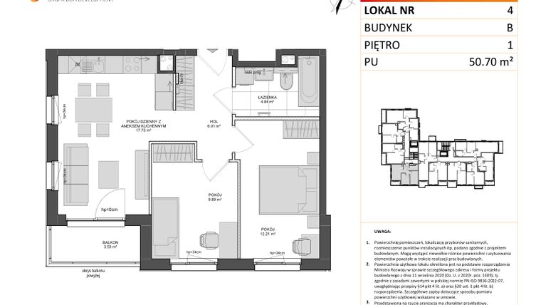 Rzut - Mieszkanie na sprzedaż 3 pokoje o powierzchni 50,7 m² - numer B.4 w Wzgórze Hoplity etap II