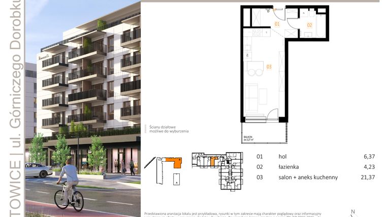 Rzut - Mieszkanie na sprzedaż 1 pokój o powierzchni 31,97 m² - numer B_30 w Zielony Nikiszowiec
