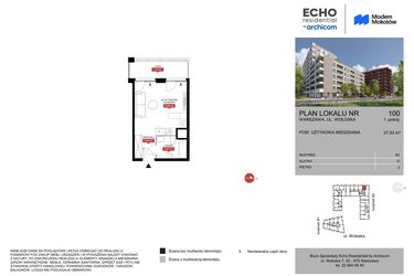 Rzut - Mieszkanie na sprzedaż 1 pokój o powierzchni 27,8 m² - numer B2.100 w Modern Mokotów etap 1 budynek A, B1 i B2