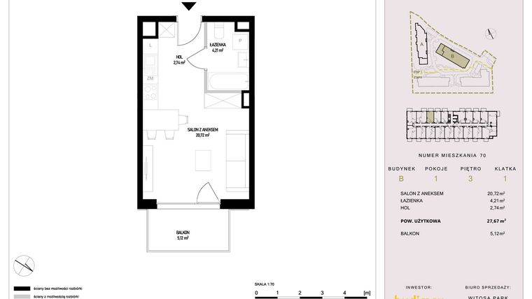 Rzut - Mieszkanie na sprzedaż 1 pokój o powierzchni 27,67 m² - numer B70 w Witosa Park