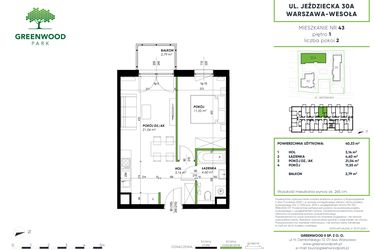 Rzut - Mieszkanie na sprzedaż 2 pokoje o powierzchni 40,33 m² - numer B 43 w Greenwood Park