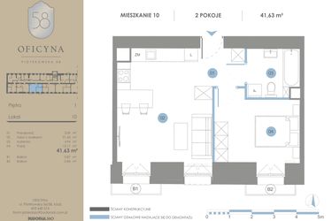 Rzut - Mieszkanie na sprzedaż 2 pokoje o powierzchni 41,63 m² - numer 10 w Oficyna - Apartamenty Inwestycyjne Apart Hotel
