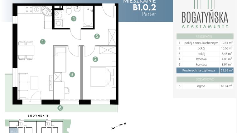 Rzut - Mieszkanie na sprzedaż 3 pokoje o powierzchni 52,69 m² - numer B1.0.2 w Bogatyńska Maślice Milo Dobry Deweloper