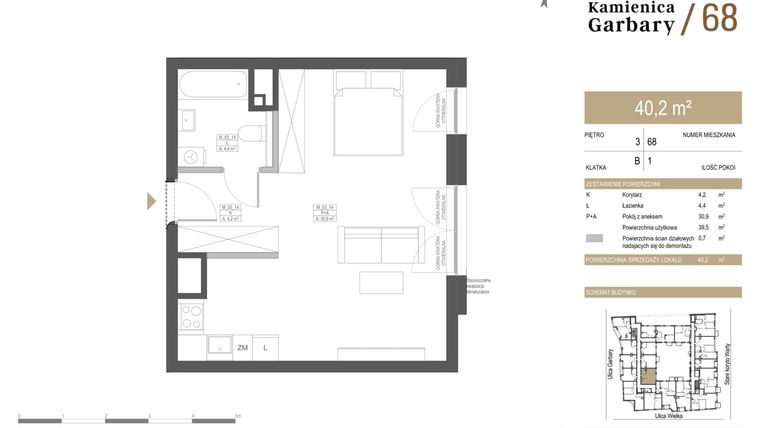 Rzut - Mieszkanie na sprzedaż 1 pokój o powierzchni 40,2 m² - numer 68 w Garbary 68
