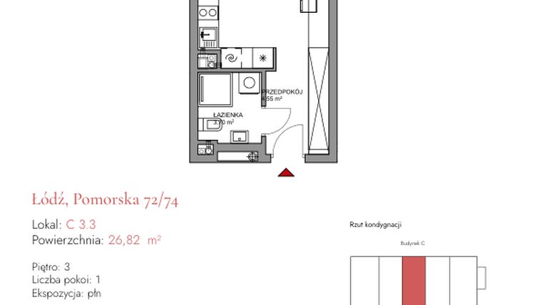 Rzut - Mieszkanie na sprzedaż 1 pokój o powierzchni 26,82 m² - numer C 3.3 w Melody Loft