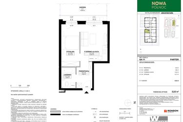 Rzut - Mieszkanie na sprzedaż 2 pokoje o powierzchni 32,83 m² - numer 6A-11 w Nowa Północ etap 2A