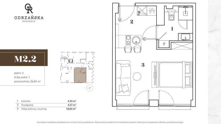 Rzut - Mieszkanie na sprzedaż 1 pokój o powierzchni 26,84 m² - numer M.2.2. w Odrzańska Residence