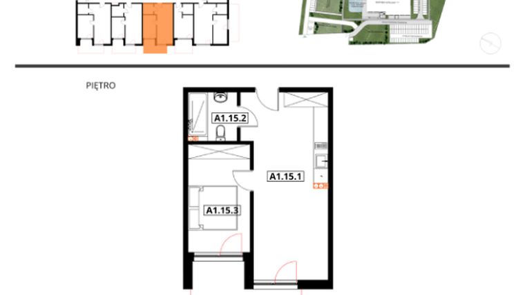 Rzut - Mieszkanie na sprzedaż 2 pokoje o powierzchni 39,4 m² - numer A1.15 w Apartamenty Dźwirzyno