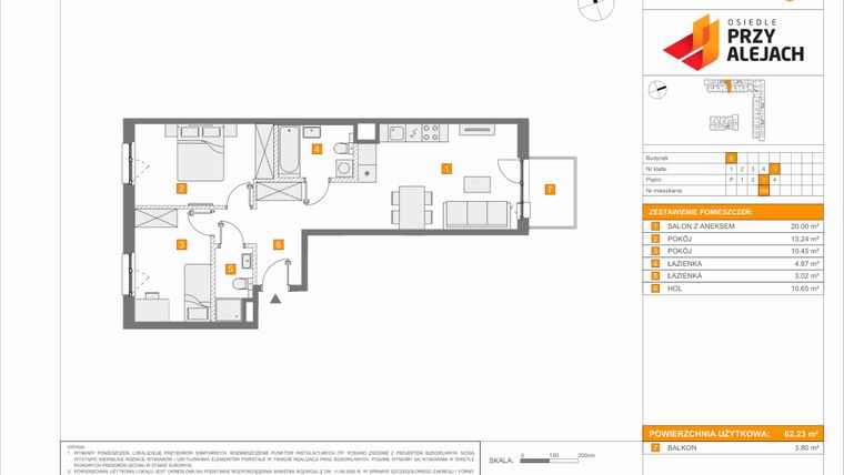 Rzut - Mieszkanie na sprzedaż 3 pokoje o powierzchni 62,23 m² - numer B105 w Osiedle Przy Alejach etap 2