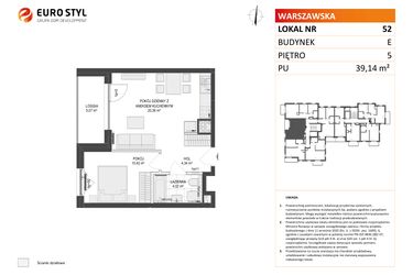 Rzut - Mieszkanie na sprzedaż 2 pokoje o powierzchni 39,14 m² - numer E.52 w Osiedle Warszawska