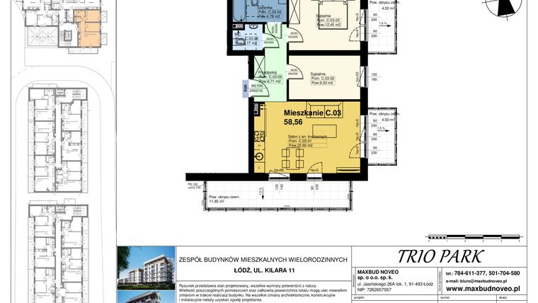 Rzut - Mieszkanie na sprzedaż 3 pokoje o powierzchni 58,56 m² - numer C.03 w Trio Park