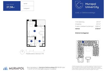 Rzut - Mieszkanie na sprzedaż 1 pokój o powierzchni 27,58 m² - numer 1.B.0.09 w Murapol UniverCity