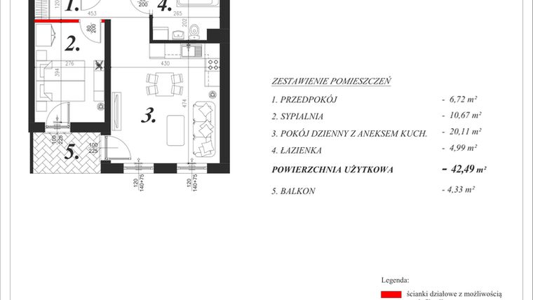 Rzut - Mieszkanie na sprzedaż 2 pokoje o powierzchni 42,49 m² - numer 8 w Enklawa Milanówek