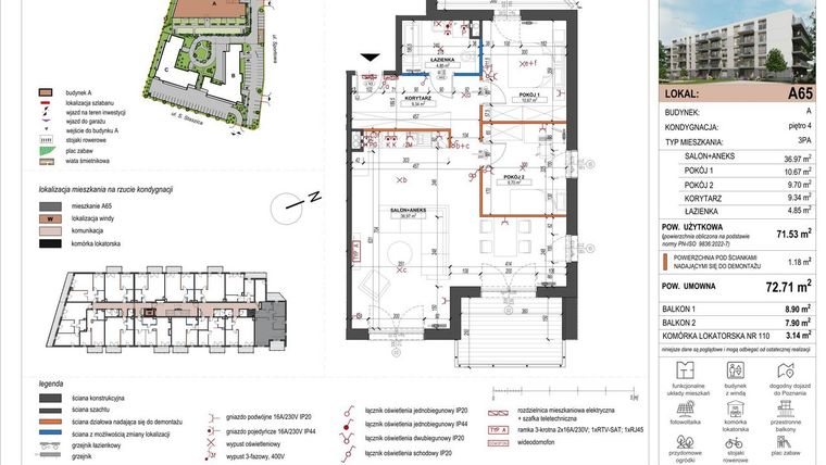 Rzut - Mieszkanie na sprzedaż 3 pokoje o powierzchni 71,53 m² - numer A65 w ulica Staszica bud. A