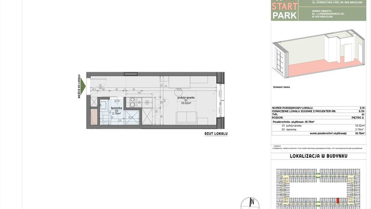 Rzut - Mieszkanie na sprzedaż 1 pokój o powierzchni 18,78 m² - numer 2.15 w START PARK