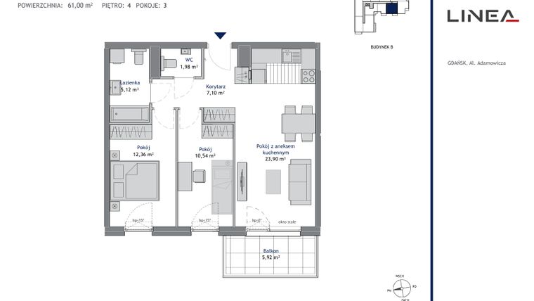 Rzut - Mieszkanie na sprzedaż 3 pokoje o powierzchni 61 m² - numer B.4.8 w Linea