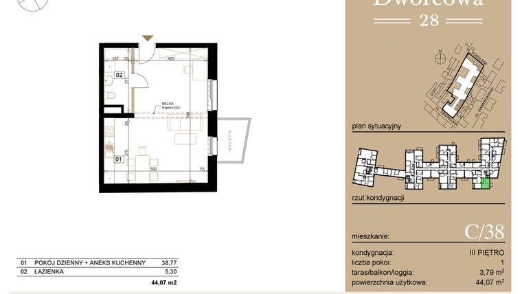 Rzut - Mieszkanie na sprzedaż 1 pokój o powierzchni 44,34 m² - numer C38 w Dworcowa 28