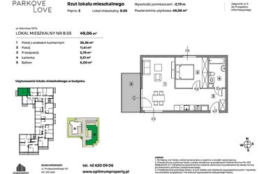 Rzut - Mieszkanie na sprzedaż 2 pokoje o powierzchni 49,06 m² - numer B.59 w Parkove Love