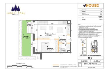 Rzut - Mieszkanie na sprzedaż 2 pokoje o powierzchni 43,58 m² - numer B.7 w Forest Park Kajetany