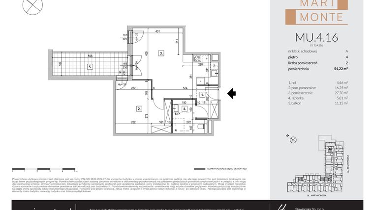 Rzut - Mieszkanie na sprzedaż 2 pokoje o powierzchni 54,07 m² - numer MU.4.16 w Marimonte - apartamenty inwestycyjne
