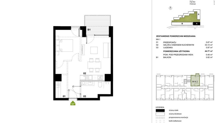 Rzut - Mieszkanie na sprzedaż 1 pokój o powierzchni 45,24 m² - numer A.4.1 w Kozielska Park