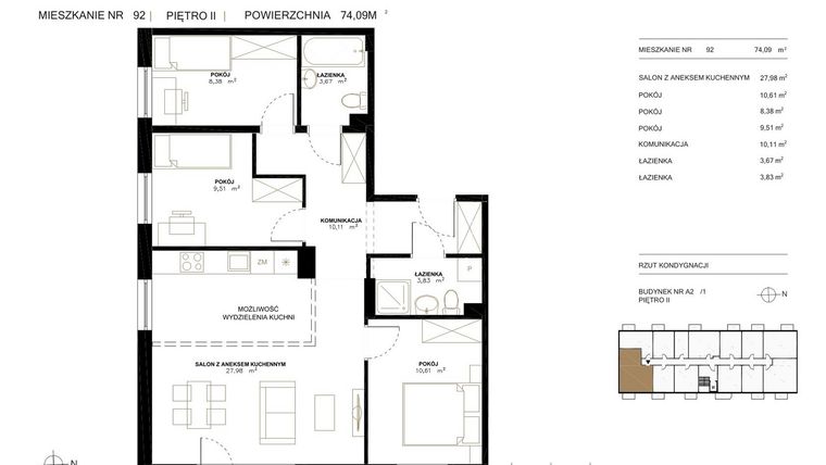Rzut - Mieszkanie na sprzedaż 4 pokoje o powierzchni 74,09 m² - numer A2.1.92 w Altro A2/1