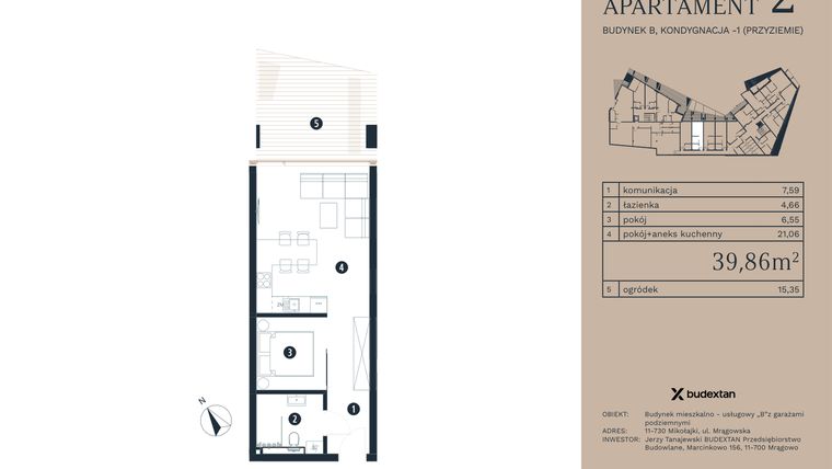 Rzut - Mieszkanie na sprzedaż 2 pokoje o powierzchni 39,86 m² - numer A2 w Pratum Apartamenty Etap I