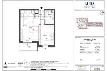 Rzut - Mieszkanie na sprzedaż 2 pokoje o powierzchni 40,38 m² - numer 68 w Aura Mokotów II