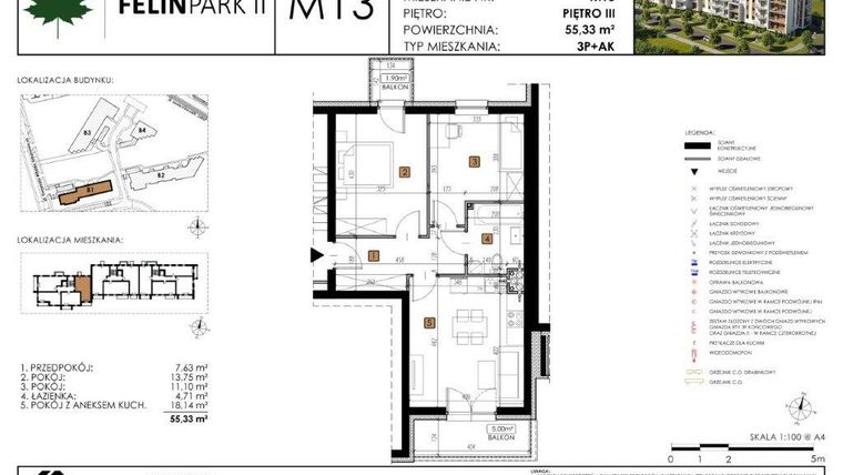 Rzut - Mieszkanie na sprzedaż 3 pokoje o powierzchni 55,33 m² - numer B1.M13 w Felin Park II