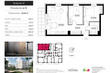 Rzut - Mieszkanie na sprzedaż 3 pokoje o powierzchni 51,04 m² - numer B22.M9 w Novum Rumia - bud. 22