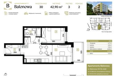 Rzut - Mieszkanie na sprzedaż 2 pokoje o powierzchni 42,9 m² - numer 30 w Apartamenty Balonowa
