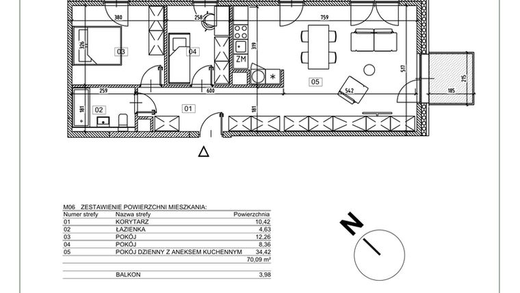 Rzut - Mieszkanie na sprzedaż 3 pokoje o powierzchni 70,09 m² - numer I.M06 w Osiedle Glivia Zachodnia