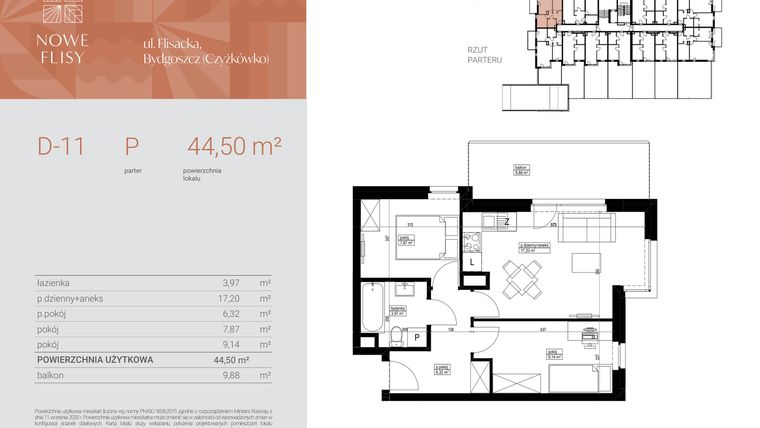 Rzut - Mieszkanie na sprzedaż 3 pokoje o powierzchni 44,5 m² - numer M11_NF.d w Nowe Flisy II