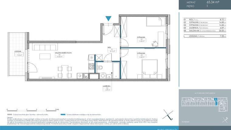 Rzut - Mieszkanie na sprzedaż 3 pokoje o powierzchni 65,34 m² - numer 1.3.1.04 w Nordic Powstańców Śląskich