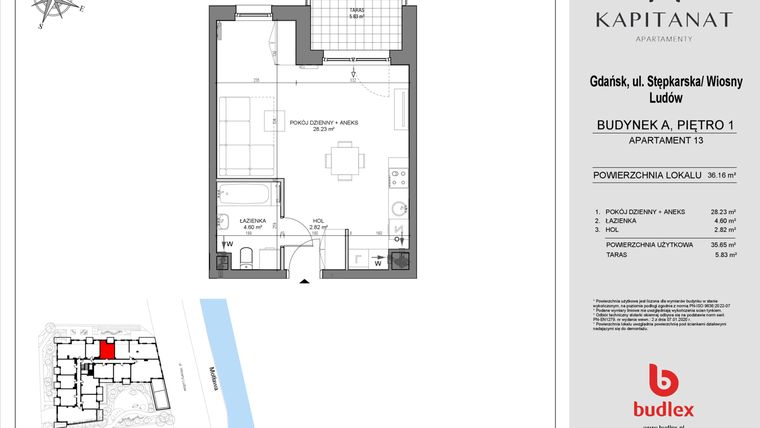 Rzut - Mieszkanie na sprzedaż 1 pokój o powierzchni 35,65 m² - numer A13 w Kapitanat A