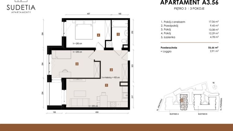 Rzut - Mieszkanie na sprzedaż 3 pokoje o powierzchni 56,66 m² - numer A 3.56 w Apartamenty Sudetia